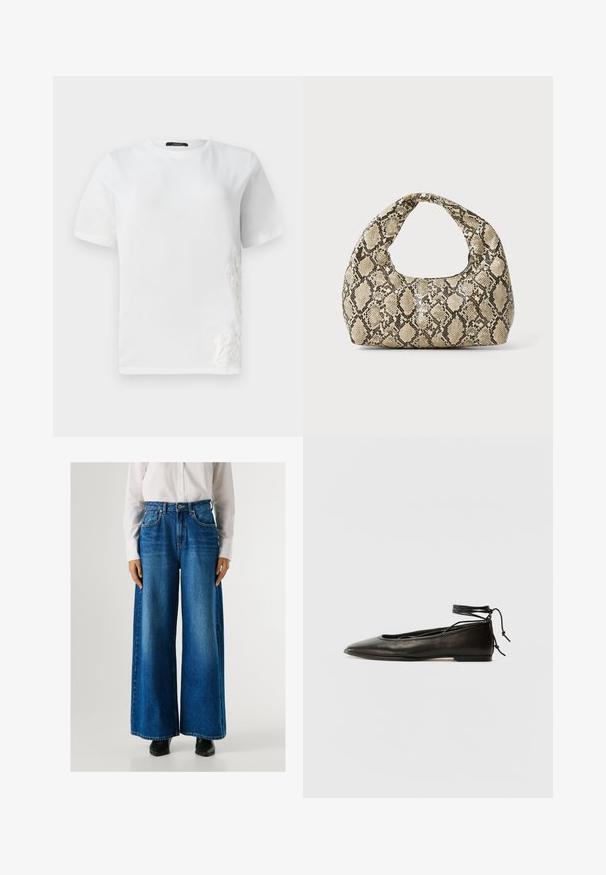 Bela bombažna majica s kratkimi rokavi, okroglo izrezana in z dekorativnim čipkastim vezenjem na levi strani. Gladka tekstura, sproščen dizajn.; Modre široke jeans hlače z visoko pasom, izdelane iz denima, z sprednjimi žepi in gumbom za zapiranje. Gladka tekstura z klasičnim pranjem.; Črne usnjene baletne čevlje s koničastim nosom, vezi okrog gležnja in ravnim podplatom, ki se ponašajo z gladko teksturo in minimalističnim dizajnom.; Torba z vzorom kače s ukrivljenim ročajem. Narejena iz teksturiranih, bež in rjavih materialov, ki imajo značilen diamante vzorec.