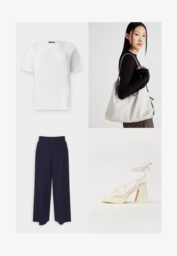 Biała bawełniana koszulka z krótkim rękawem, okrągłym dekoltem i dekoracyjnym koronkowym haftem po lewej stronie. Gładka tekstura, codzienny design.; Spodnie o szerokich nogawkach w ciemnonawiwowym materiale z rdzeniowym wzorem. Posiadają gładki pas i luźny krój, sięgający do połowy łydki.; Biała sandał na wysokim obcasie z masywnym słupkiem, z paskowym wzorem i wiązaniem przy kostce. Gładka faktura z platformą z przodu dla dodatkowej wysokości.; Beżowa torebka wykonana z miękkiego materiału, charakteryzująca się luźnym fasonem, wyszywanymi detalami i dwoma uchwytami na ramię. Idealna na co dzień.