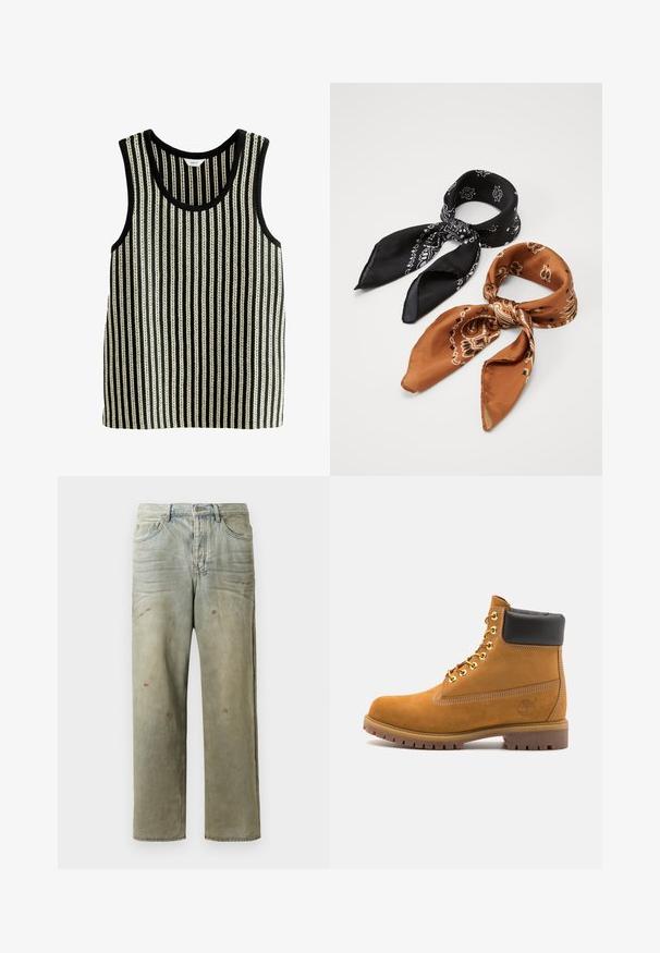 Mustra mustriga mustriga särk ringikujulise kaelusega ja ilma varrukateta. Tekstuur sisaldab vahelduvaid paksu ja õhukese vertikaalseid jooni.; Valge nööpidega särk klassikalise kraega, pikkade varrukatega ja ümarate servadega; paremas alumises nurgas on väike oranž logo.; Karmiinroheline kulunud denim teksapüksid, millel on sirge jalg, viie taskuga disain ning ebaühtlane pleekimine koos värvikrõpsudega.; Küpset tan suede sääreboot musta pehmea kraega, kuldsed metallist silmad, valge õmblemise detailid ja robustne kummist tallaga, millel on väljendunud mustrid.; Kaks mustritud sallid: üks must valgete mustritega, teine pruun oranžide aktsentidega. Mõlemad on valmistatud satäänist ja neil on teravad otstest.