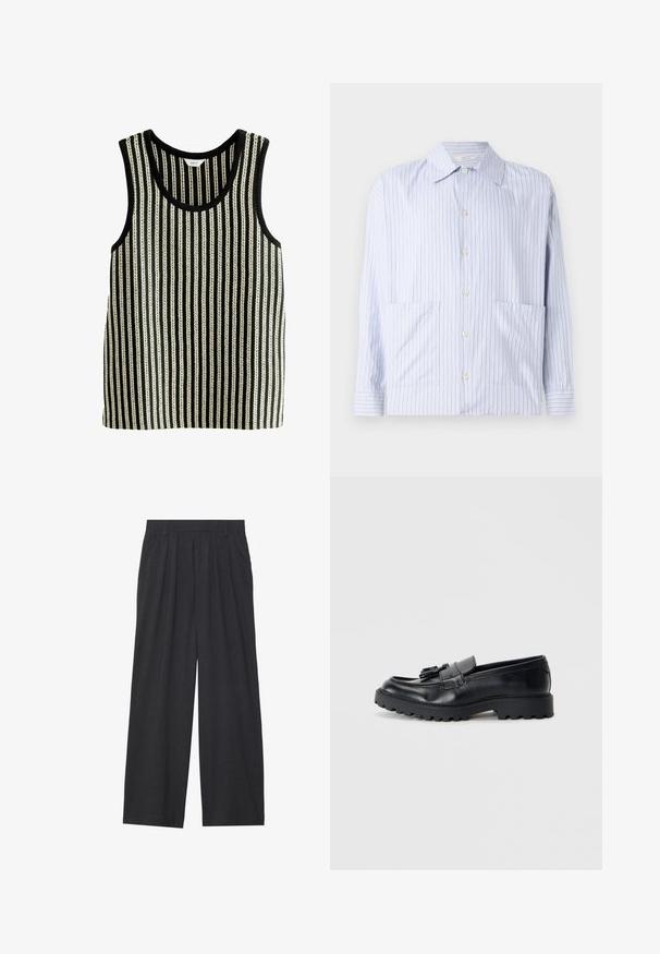 Juodai baltas dryžuotas marškinėlis be rankovių su apvalia iškirpte. Audinys turi pakaitomis storas ir plonas vertikalias linijas.; Šviesiai mėlynas ir baltas dryžuotas ilgomis rankovėmis marškinis, su klasikiniu apykakle, mygtukų priekiniu uždarymu ir dviem priekiniu kišenėm. Sklandus medvilnės audinys.; Tamsiai pilkos spalvos plačios kojos kelnės. Su klostėmis ties juosmeniu, pritaikyta konstrukcija ir tiesi siluetas.; Juodi odiniai loafersai su blizgiu paviršiumi, storiu guminiu padu ir dekoratyviniais kutais priekyje.