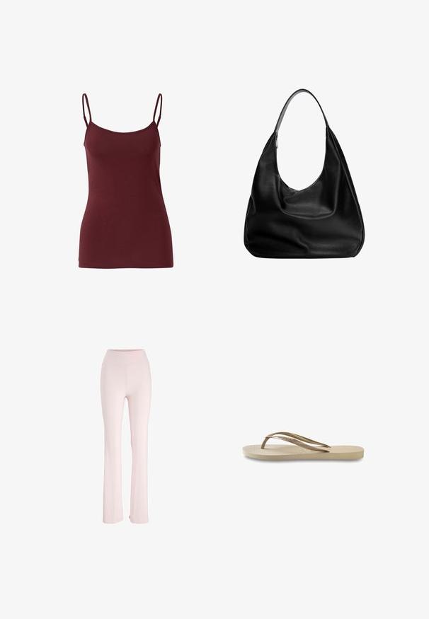 Bordeaux cami-top van gladde stof met verstelbare spaghettibandjes en een fitted pasvorm, met een rechte zoom.; Zachte, stretchy lichtroze flare-broeken met een hoge tailleband en zonder zichtbare patronen of hardware.; Lichtbeige flip-flop met een getextureerde voetbed, platte zool en dunne, glanzende bandjes. Heeft subtiele merkvermelding op het bandje.; Zwarte leren hobo tas met een slouchy ontwerp, brede schouderband en een gladde textuur. Heeft een enkele ritssluiting aan de zijkant.