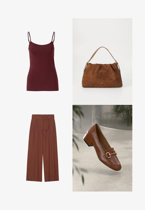 Burgunderfarbene Cami-Top aus glattem Stoff mit verstellbaren Spaghettiträgern und tailliertem Schnitt, mit geradem Saum.; Braune Weitbeinehosen aus Stoff, mit einem Gürtel mit eckiger Schnalle, gefältetem Design und glatter Textur.; Braune Lackleder-Loafer mit quadratischer Zehenpartie, metallischem Kettenakzent und niedrigem Blockabsatz; glatte Textur, minimalistisches Design.; Braune Wildlederhandtasche mit einem gerafften Design, ausgestattet mit einem einzelnen hellbraunen Ledertragegurt und einem subtilen goldenen Logo-Detail auf der Vorderseite.