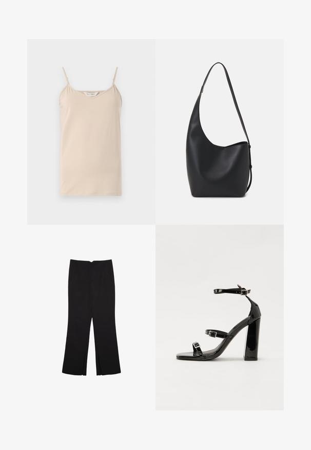 Beżowy top na ramiączkach z cienkimi ramiączkami i dekoltem w kształcie litery V, wykonany z miękkiego materiału o gładkiej fakturze i prostym dołem.; Czarne spodnie o prostym kroju, z przednimi kieszeniami i bocznymi rozcięciami na dole. Wykonane z miękkiego, gładkiego materiału. Odpowiednie na różne okazje.; Czarne lakierowane sandały na wysokim obcasie, z dwoma paskami zapinanymi na klamry, kwadratowy nosek i masywny obcas typu słupek, o gładkiej, błyszczącej fakturze.; Czarna skórzana torba hobo o gładkiej fakturze, zaokrąglonym kształcie i pojedynczym, regulowanym pasku; posiada szerokie otwarcie na górze.