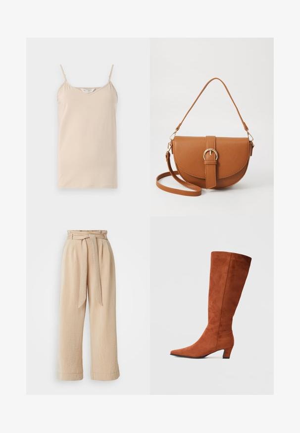 Top de alcinha bege com finas alças de espaguete e decote em V, feito de um tecido macio com uma textura suave e uma bainha reta.; Calças de perna larga bege com cintura cingida, feitas de tecido texturizado. Apresenta um plissado frontal e um acabamento suave na bainha.; Bota alta de camurça castanha com biqueira fina e um pequeno salto quadrado, apresentando uma textura suave e um design minimalista.; Bolsa transversal de couro castanho com um formato curvado, ferragens douradas e um detalhe de fivela. Inclui uma alça de ombro destacável.