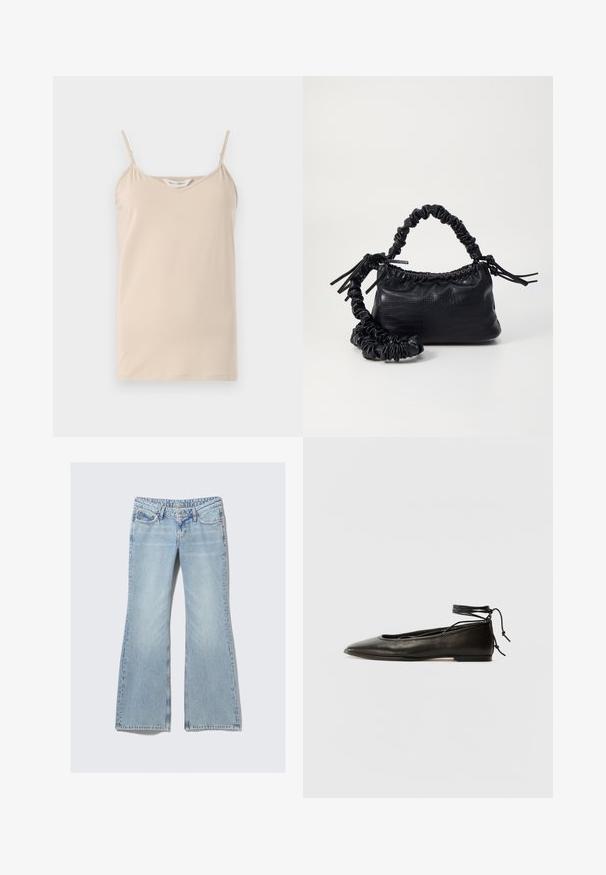 Beige camistipp med tynne spagettislipper og V-hals, laget av myk stoff med en jevn tekstur og en rett hem.; Weekday NOVA - Jeans slim fit - lip blue; Svarte lær balletflater med spiss tå, ankelbånd og flat såle, som har en glatt tekstur og minimalistisk design.; Svart faux skinn-håndveske med krokodilletekstur, strammet topp og en rynket stropp. Ser myk og kompakt ut i designen.