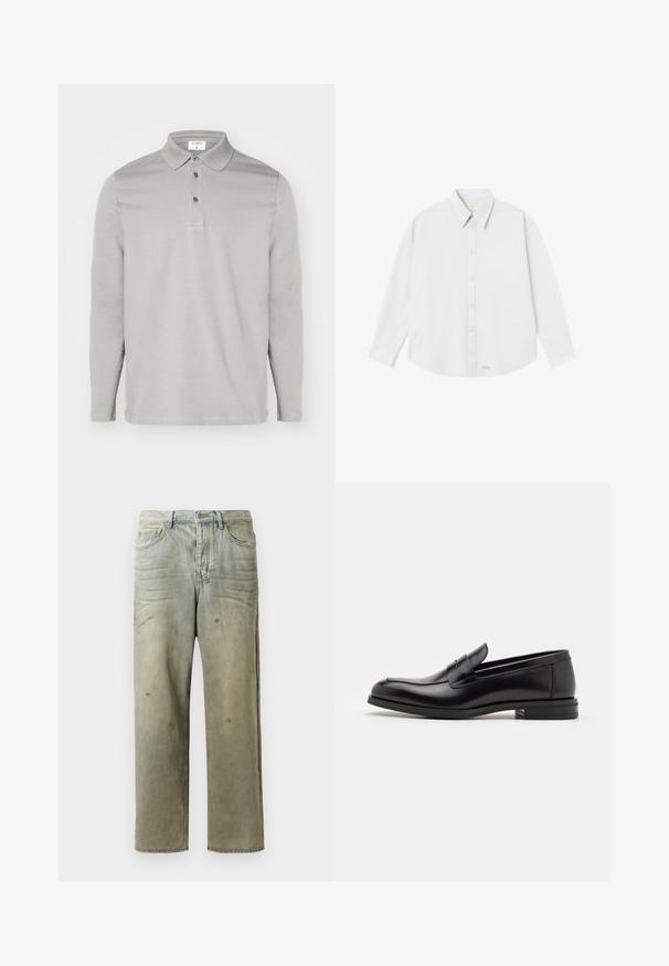 Gaišs pelēks krekls ar garām piedurknēm, izgatavots no mīksta auduma. Tam ir klasiskas atloks, trīs pogu aizdare un smalkas izšūšanas detaļas.; Balta krekla ar pogām ar klasisko apkakli, garām piedurknēm un noapaļotu apakšmalu; lejas kreisajā stūrī ir neliels oranžs logs.; Izsistās džinsās gaisā zaļā krāsā, ar taisnu kāju, piecu kabatu dizainu un nevienmērīgu izbalēšanu, kā arī krāsas šļakatas.; Melnas ādas kurpes ar gludu tekstūru, noapaļu purngalu un dekoratīvu siksniņu pāri priekšpusei. Zems sakrauts papēdis, minimālisma dizains.