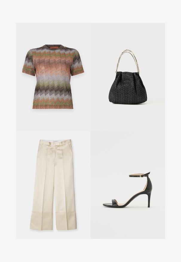 Top cu mâneci scurte, într-un model zigzag cu fire metalice. Culori: portocaliu, verde, maro și argintiu. Guler rotund și finisaj texturat.; Pantaloni largi bej dintr-un material neted, cu talie înaltă, față plisată și tiv flectat, având buzunare laterale și un finisaj curat.; Sandale cu toc înalt din piele neagră, cu barete pentru glezne. Prezintă o textură netedă, vârf deschis și un toc subțire. Detalii cu cataramă de culoare aurie.; Geantă texturată neagră, cu un model în herringbone, design adunat și o mânere din lanț metalic. Materialul moale oferă un aspect elegant.