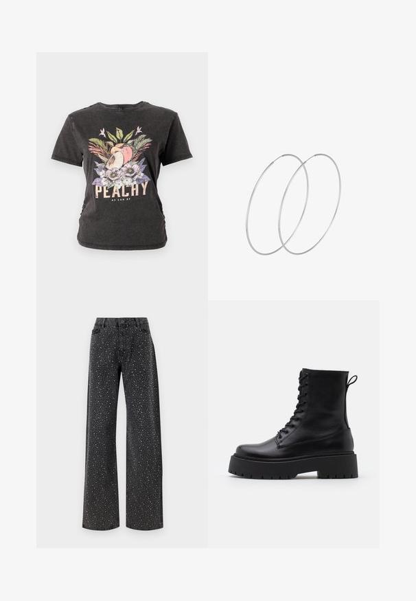 Temno siva majica s kratkimi rokavi, ki vsebuje barvito grafiko cvetja in sadja ter besedilo "PEACHY AS CAN BE" v poudarjenih črkah.; Noisy May NMJANNEL LOOSE - Široke kavbojke - black denim; Črne usnjene gležnjarje z okroglo konico, vezalnim sprednjim delom in debelim gumijastim podplatom z teksturiranim profilom. Zanka na hrbtni strani.; Srebrne uhane v obliki obroča z minimalističnim dizajnom. Krožna oblika, gladka tekstura in tanek profil. Lahki s poliranim zaključkom.