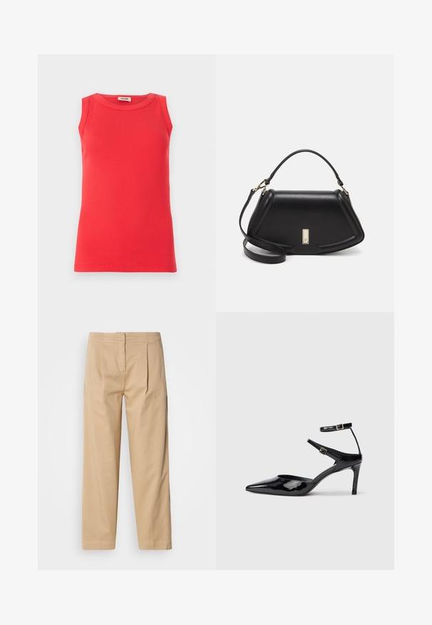 Rdeča brezrokavnik iz rebraste tkanine, z okroglim izrezom in prilegajočo obliko. Minimalistična zasnova brez vidnih vzorcev ali poudarkov.; Bež hlače iz bombaža z ohlapnim krojem, z dvema sprednjima naborkoma, ravno nogavico in klasičnim gumbom za zapiranje na pasu.; Črne lakirane čevlje z visoko peto in ožjim prstom, z nastavljivimi gležnjastimi trakovi in tankim peto. Gladka tekstura z sijočim zaključkom.; Črna usnjena torbica s strukturnim dizajnom, ki ima skrajšano obliko, zgornji ročaj in zlate dodatke. Vključena je nastavljiva ramenska naramnica.