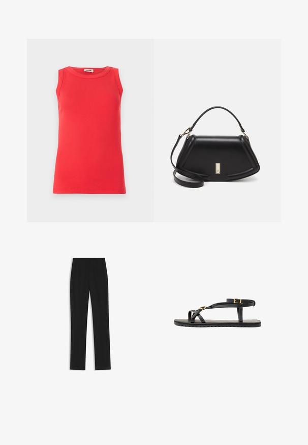 Rotes ärmelloses Top aus geripptem Stoff, mit Rundhalsausschnitt und figurbetontem Schnitt. Minimalistisches Design ohne sichtbare Muster oder Akzente.; Schwarze maßgeschneiderte Hose mit geradem Bein, ausgestattet mit Fronttaschen und einem glatten, strukturierten Stoff. Saubere, minimale Details.; Schwarze Ledersandalen mit dünnen Riemen und einem geschnallten Knöchelriemen. Flache Sohle mit texturiertem Finish und Zickzackkante. Minimalistisches Design.; Schwarze Lederhandtasche mit einem strukturierten Design, das eine verkürzte Form, einen oberen Griff und goldfarbene Hardware-Details aufweist. Verstellbarer Schulterriemen ist enthalten.