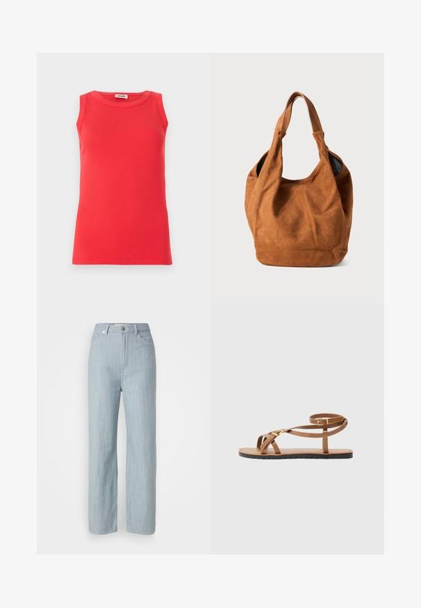 Crvena majica bez rukava napravljena od rebraste tkanine, s okruglim izrezom i prilagođenim oblikom. Minimališistički dizajn bez vidljivih uzoraka ili akcenata.; Svijetloplave traperice ravnog kroja. Imaju pet džepova, metalno dugme za zatvaranje i suptilne tragove habanja za dodatnu teksturu.; Smešane smeđe kožne sandale s tankim trakama, s zlatnom kopčom i ravnim crnim đonom s valovitom ivicom.; Smeđa nubuk torba preko ramena s mekom teksturom, zakrivljenim oblikom i dva ručka. Ima minimalistički dizajn bez vidljivih metalnih dijelova ili naglašavanja.