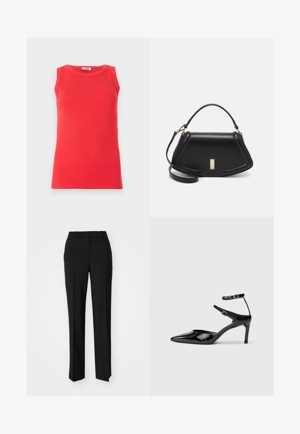 Rdeča brezrokavnik iz rebraste tkanine, z okroglim izrezom in prilegajočo obliko. Minimalistična zasnova brez vidnih vzorcev ali poudarkov.; Črne krojene hlače s direktnim krojem, ki se ponašajo z gladko teksturo in ostrimi pregibi spredaj. Ni vidne kovine.; Črne lakirane čevlje z visoko peto in ožjim prstom, z nastavljivimi gležnjastimi trakovi in tankim peto. Gladka tekstura z sijočim zaključkom.; Črna usnjena torbica s strukturnim dizajnom, ki ima skrajšano obliko, zgornji ročaj in zlate dodatke. Vključena je nastavljiva ramenska naramnica.