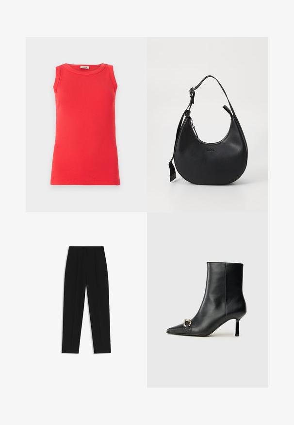 Rød ærmeløs top lavet af ribbet stof, med rund halsudskæring og tætsiddende pasform. Minimalistisk design uden synlige mønstre eller detaljer.; Sorte bukser med lige pasform, der har dobbelte folder, en glat tekstur og et klassisk taljedesign. Ingen synlige hardware eller accenter.; Sort læder ankelstøvle med spidse tæer, slank hæl i mellemhøjde og sølvspænde detaljer på siden mod en ensfarvet baggrund.; Sort læder skuldertaske med en buet form, lynlås lukning og justerbar rem. Har prægede brandlogo på forsiden.