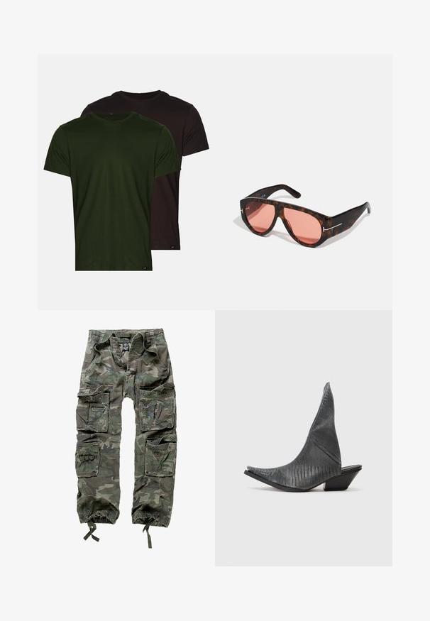 Två t-shirts: en olivgrön och en svart, båda med korta ärmar, rund hals och en slät bomullstextur, med små märkesetiketter.; Kamouflage cargobyxor i bomull, med flera fickor, elastiska muddar och en lös passform med dragsko i midjan.; Svarta klackmular med spetsig tå och ett texturerat ormskinnsmönster. Har en låg, triangulär klack och en slät, böjd översida.; Sköldpaddsmönstrade solglasögon med rosa linser, med en djärv vinkelrät design och tunna silverfärgade detaljer på bågarna.