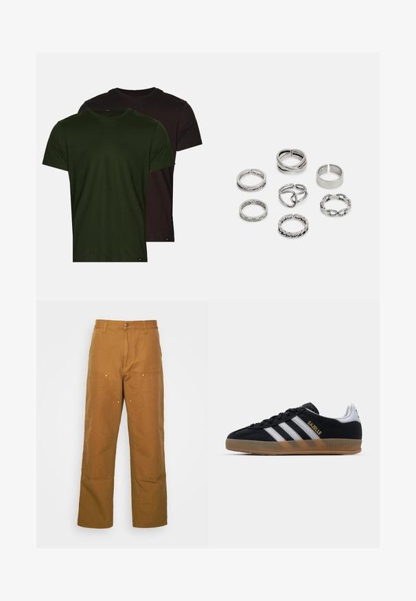 Két póló: egy olajzöld és egy fekete, mindkettő rövid ujjú, kerek nyakú, sima pamut anyagból készült, kis márkacímkékkel.; Barna pamut munkanadrág egyenes lábbal, elülső zsebekkel és fém kiegészítőkkel a fokozott tartósság érdekében.; Fekete velúr sportcipő fehér csíkokkal, bézs gumitalppal és arany "Gazelle" logóval. Klasszikus alacsony felső kialakítás, texturált felsőrészzel.; Hét ezüst gyűrűből álló szett, különböző formákkal és szélességekkel, köztük csavart, összekapcsolt és gravírozott mintákkal.