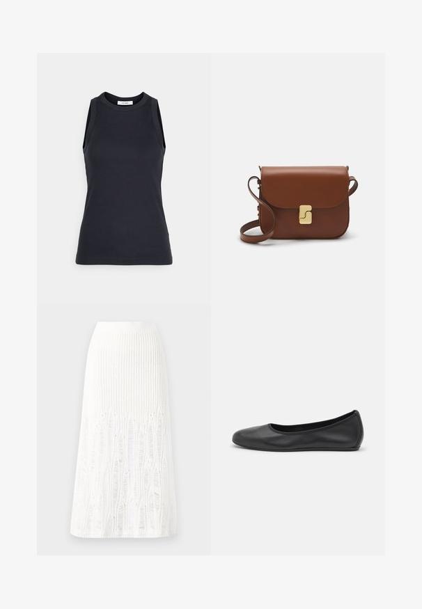 IVY OAK KLARA ANN - Viršus - navy blue; Balta megzta midi sijoninė su tekstūruotu raštu, vertikaliomis linijomis ir išpjovomis arti apatinės dalies. Elastinga juostos dalis. Minkšta medžiaga.; Juodai odiniai baletai su apvaliu pirštu, lygi texture, minimalus siuvimo detales ir lanksčiu padų dizainu.; Ruda odinė rankinė su uždaromu dangteliu, aukso spalvos detalėmis, petneša ir lygiu paviršiumi. Kompaktiška stačiakampio formos.