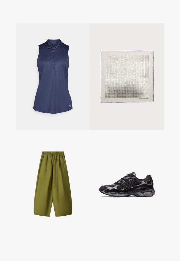 Navy mouwloos poloshirt van glad materiaal, met een knopenlijst en een subtiel logo in de rechter benedenhoek.; Olijfgroene, wijde broek met een elastische tailleband en koord. Gemaakt van lichtgewicht stof, met twee zijzakken.; Zwarte sportschoen met een bovenwerk van mesh en suede, met een gestructureerd ontwerp en een robuuste, gewatteerde grijze zool.; Zijden sjaal in crème met een marineblauwe rand, voorzien van gelijkmatig verdeeld marineblauwe stippen die een patroon vormen. Handtekening gedrukt in de hoek.