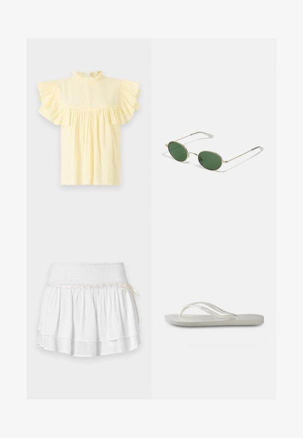 Light yellow blouse featuring a high ruffled neck, short ruffled sleeves, and a gathered bodice with horizontal texture lines.; White tiered skirt with an elastic waistband, featuring a textured smocking detail and a decorative ribbon accent. Cotton fabric.; White flip-flop with a textured sole, featuring thin straps and a flat design. Made of rubber with a subtle logo on the footbed.; Gold-framed sunglasses with green oval lenses and thin metal arms. Features clear plastic tips on the arms for comfort.