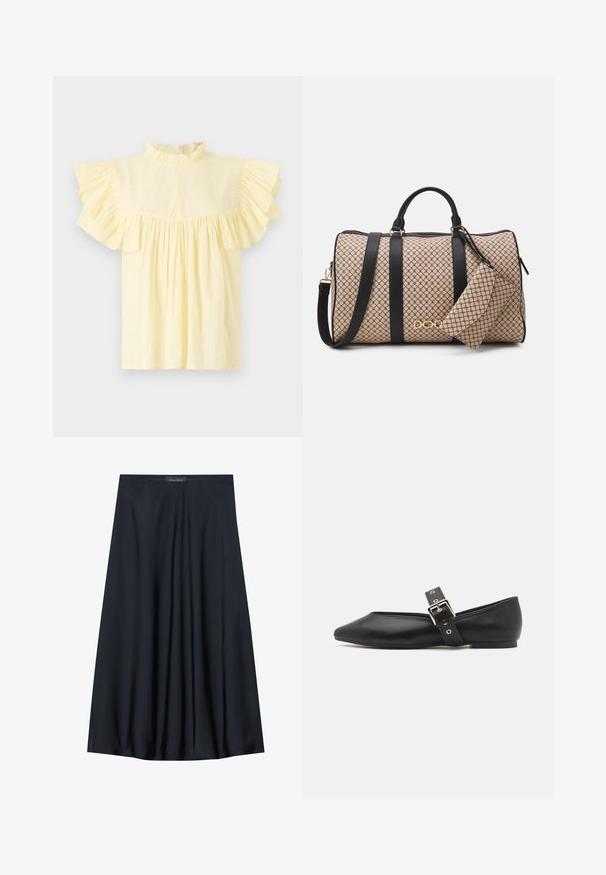 Hellgelbe Bluse mit hohem, gerafftem Kragen, kurzen, gerafften Ärmeln und einem gerafften Oberteil mit horizontalen Texturlinien.; Schwarzer, knielanger Rock aus leichtem Material mit fließendem Design. Verfügt über eine glatte Textur und subtile Falten für zusätzliche Details.; Schwarze Lederflachschuhe mit spitzer Zehenform, seitlichem Riemen mit silberner Schnalle und niedrigem Absatz. Glatte Textur und minimalistisches Design.; Duffle-Bag mit einem beigen gemusterten Äußeren, schwarzen Ledergriffen, goldenen Beschlägen und einer kleinen passenden Tasche, die befestigt ist. Strukturierte Form.; Goldfarbene rechteckige Armbanduhr mit Zifferblatt in Weiß, silbernen Stundenmarkierungen und einem strapazierfähigen Metallarmband. Wasserfest.