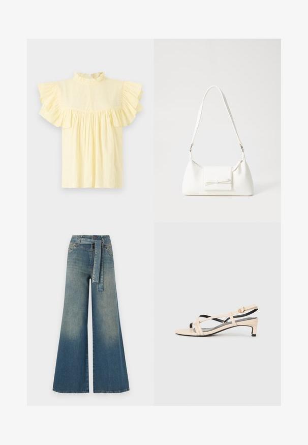 Blouse jaune clair avec un col froncé haut, des manches courtes froncées et un corsage froncé avec des lignes de texture horizontales.; Pantalons en denim à jambe large présentant un dégradé de bleu clair à bleu foncé, taille haute, passants de ceinture et une ceinture en tissu assortie. Finition en denim texturé.; Sandale à talon bas en cuir beige avec des lanières croisées et des accents noirs. Texture lisse et design minimaliste.; Sac à main synthétique blanc en forme triangulaire, avec un rabat avant plat et un détail en nœud, une bandoulière ajustable, une texture lisse et un design minimaliste.