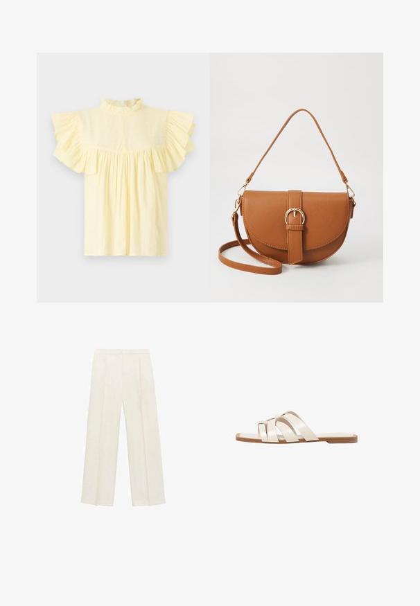 Blusa giallo chiaro con colletto alto a volant, maniche corte a volant e corpino arricciato con righe di texture orizzontali.; Pantaloni a gamba larga di un leggero colore crema. Realizzati in un tessuto morbido con pieghe sul davanti e tasche laterali.; Infradito con suola in gomma color talpa, progettate con tre cinturini in pelle bianca sovrapposti e un piccolo dettaglio a fiocco al centro.; Borsa a tracolla in pelle marrone con forma curvata, hardware dorato e un dettaglio con fibbia. Presenta una tracolla rimovibile.