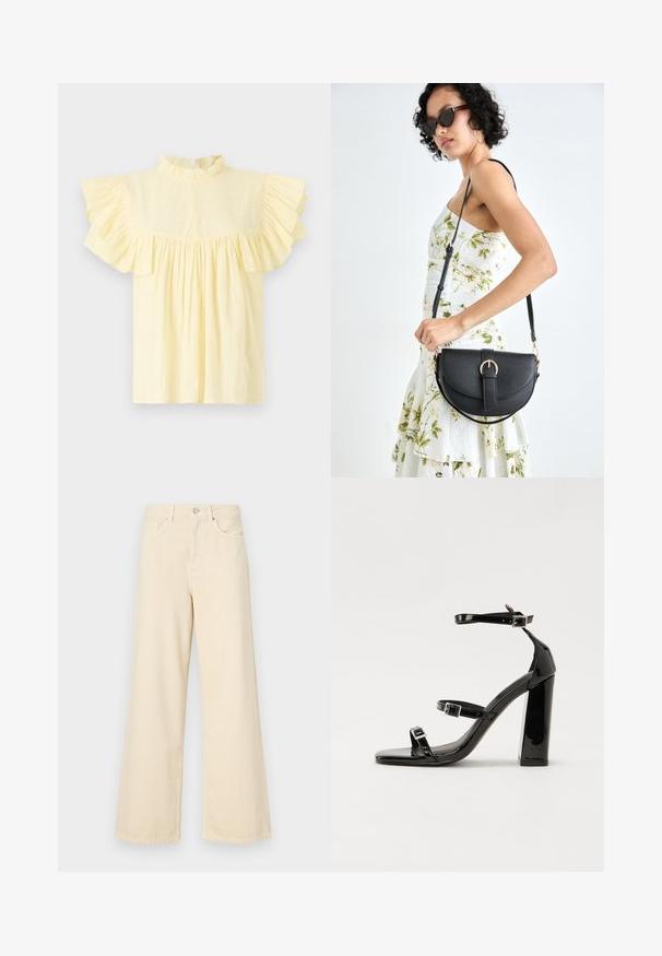 Lichtgele blouse met een hoge gerimpelde kraag, korte gerimpelde mouwen en een gatherende taille met horizontale textuurlijnen.; Beige wijde jeans gemaakt van katoen. Voorzien van een knoopsluiting, riemlussen en voorzakken met een gladde, zachte textuur.; Zwarte gepatenteerde sandalen met hak en een vierkante neus, enkelbandjes en zilveren gespen. Heeft een stevige blokhak voor stabiliteit.; Zwarte leren handtas met een gebogen vorm, afneembare schouderband en gouden hardware. De tas heeft een klep met een gespsluiting.