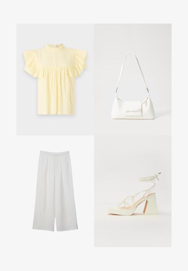 Svijetlo žuta bluzica s visokom ruffled ovratnikom, kratkim ruffled rukavima i skupljenim tijelom s horizontalnim teksturama.; Bele široke hlače iz lahkega materiala, ki imajo elastičen pas in vrvico za prilagajanje. Gladka tekstura.; Bela sandala na visokih petah s debelim petam, ki ima obliko trakcev in vezanje okoli gležnja. Gladka tekstura z platformo spredaj za dodatno višino.; Bela sintetična torbica v obliki trikotnika, z ravnim sprednjim poklopcem in detajlom mašne, nastavljivim trakom, gladko teksturo in minimalističnim dizajnom.
