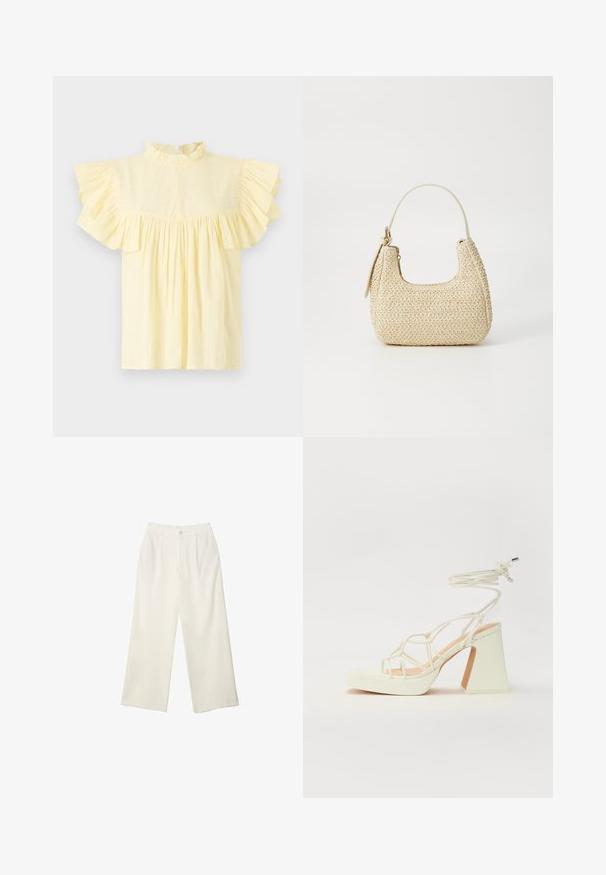 Blusa giallo chiaro con colletto alto a volant, maniche corte a volant e corpino arricciato con righe di texture orizzontali.; Pantaloni a gamba larga in tessuto crema con una texture liscia, caratterizzati da un singolo bottone frontale, pieghe sottili e un design a vita alta.; Sandalo bianco con tacco alto, caratterizzato da un design a cinturini e un legaccio alla caviglia. Texture liscia con una piattaforma frontale per un'altezza aggiuntiva.; Borsa a tracolla intrecciata in paglia di colore beige, con una forma curva, manico corto e zip laterale. Presenta una superficie texturizzata e un design minimalista.
