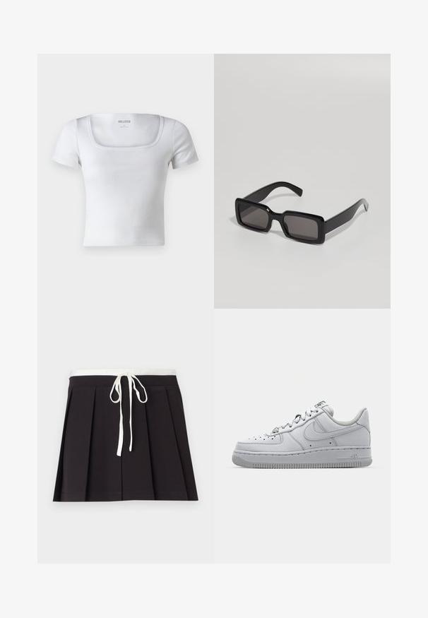 Hollister Co. SQUARE - Navadna majica - bright white; Črna nabrana krila z belim tkanim vrvico za pas. Narejena iz mehkega blaga, z gladko teksturo in preprostim, klasičnim dizajnom.; Bele usnjene superge z nizkim dizajnom, okroglo konico, perforiranimi podrobnostmi in teksturirano gumijasto podplatom. Ima sive poudarke na ježku.; Črne sončna očala s pravokotnim okvirjem, debelo plastično konstrukcijo in temnimi lečami, ki imajo gladke površine in zaobljene robove.