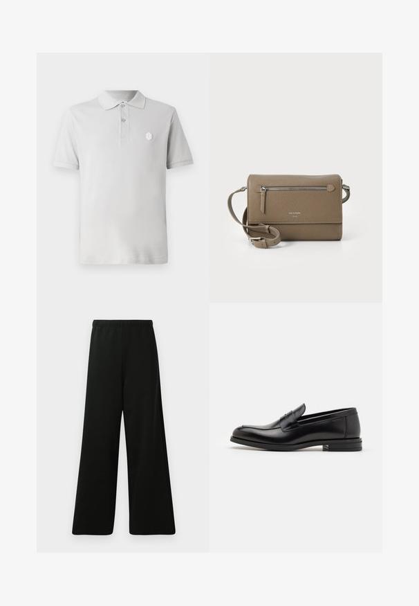 Šedé polo tričko s klasickým límcem, s třemi knoflíky na zapínání a malým bílým logem na levé hrudi. Vyrobeno z texturované látky. Krátké rukávy.; Černé kalhoty s širokými nohavicemi vyrobené z měkké tkaniny. Mají elastický pas, hladkou strukturu a jednoduchý, moderní design bez vzorů.; Černé kožené polobotky s hladkou texturou, zaoblenou špičkou a zdobným páskem přes nárt. Nízký stohovaný podpatek, minimalistický design.; Taupe kožená crossbody kabelka s přední kapsou na zip, nastavitelním popruhem, texturou z jemných kostek a embosovaným logem na přední straně.