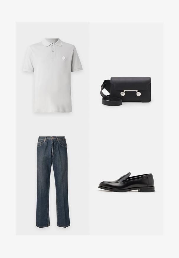 Pilkas polo marškinėliai su klasikine apykakle, trimis sagomis ir maža balta logotipo detale kairėje krūtinės pusėje. Pagaminti iš tekstūruotos medžiagos. Trumpomis rankovėmis.; Tamsiai mėlynos tiesios kojos džinsai su priekiniais mygtukais, užtrauktuku, dviem priekinėmis kišenėmis ir matomomis vertikaliomis raukšlėmis nuo kelnių šonų.; Juodos odinės loafers, turinčios lygų paviršių, apvalią noselę ir dekoratyvinę juostą per priekinę dalį. Žemas krentantis kulnas, minimalistinis dizainas.; Juodas odinis kryžminis krepšys su sklendės uždarymu, sidabro spalvos detalėmis ir dviem apvaliais akcentais. Yra nusiimamas diržas. Lygus paviršius.