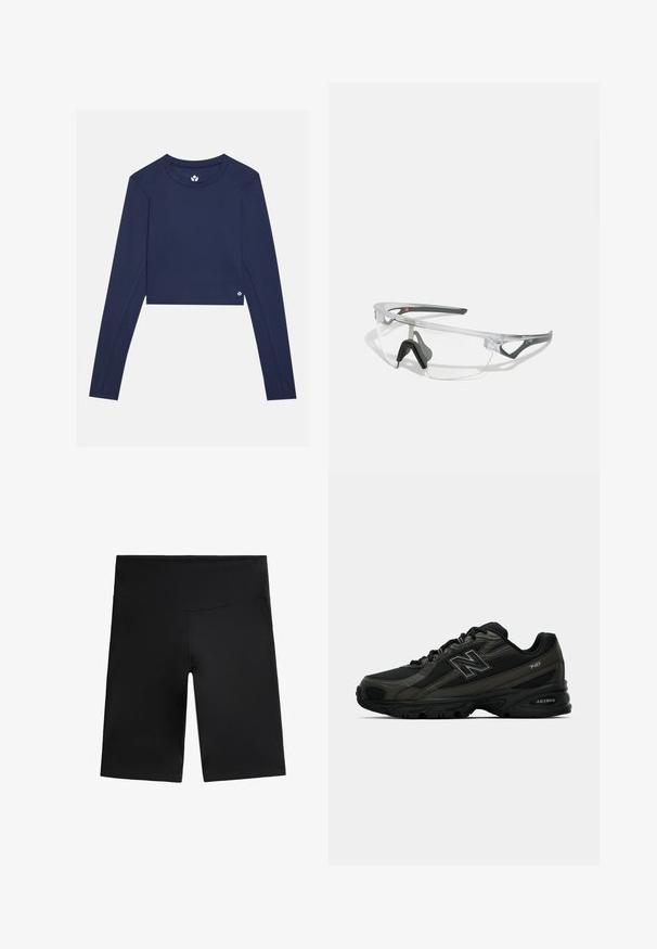 Laivasto sininen pitkähihaisen crop-topin paita, joka on valmistettu sileästä kankaasta. Paidassa on pyöreä kaula-aukko ja pieni logo oikeassa alareunassa.; Mustat pyöräilyshortsit, jotka on valmistettu joustavasta kankaasta. Ominaisuuksia ovat korkea vyötärö, sileä texture ja polven pituinen muotoilu ilman näkyviä saumoja tai kuvioita.; Mustat urheilukengät, joissa on teksturoitu synteettinen päällinen, pehmustettu pohja ja näkyvä "N"-logo sivussa. Suunnittelussa on kevyitä verkkokohteita.; Läpinäkyvät turvalasit, joissa on kevyt, läpinäkyvä kehys ja harmaat yksityiskohdat. Varustettu ympäröivällä muotoilulla ja säädettävällä nenätyynyllä.