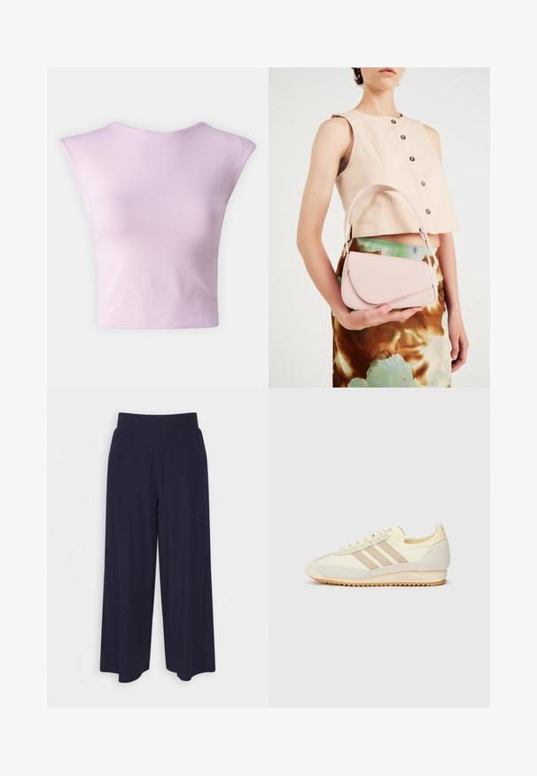 Top corto de color rosa claro con cuello redondo y mangas cortas, hecho de una tela suave y elástica con una silueta ajustada.; Pantalones de pierna ancha en tejido de un oscuro color navy con una textura acanalada. Presenta una cinturilla suave y una silueta fluida, llegando a la altura de las pantorrillas.; Zapatilla deportiva crema con tres rayas beige, materiales de ante y textil, una suela texturizada y un logotipo en relieve en el talón.; Bolso de cuero rosa con una solapa curva, una correa para el hombro y líneas limpias. El bolso presenta una textura suave y un diseño minimalista.
