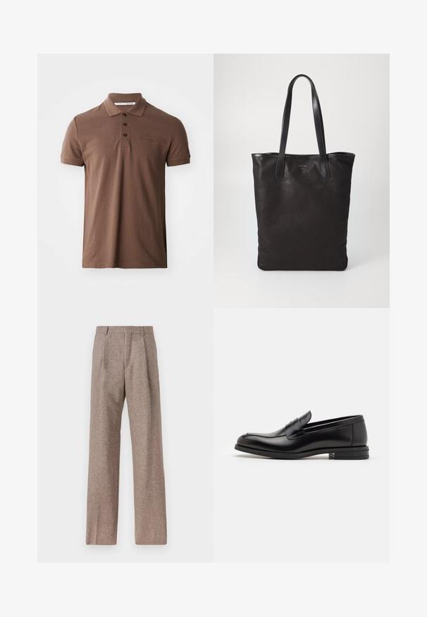 Prune polo särk, mis on valmistatud puuvillast, klassikalise kraega, kolme nööbiga ja lühikeste varrukatega; rinnal on brodeeritud logo.; Prunnid, kõrge vöökohaga püksid, mis on valmistatud tekstureeritud kangast. Omavad laiu jalgu ja kahte eesmist voldikut struktuuri jaoks. Korralik viimistlus, ilma nähtava riistvarata.; Mustad mustad nahast loafers sileda tekstuuriga, ümarat ninaosa ja dekoratiivne riba vampi üle. Madal kihiline konts, minimalistlik disain.; Mustmust kott mustade nahkade käepidemetega. Lihtne disain, avar keha ja sile tekstuur. Pole nähtavaid logosid ega mustreid.