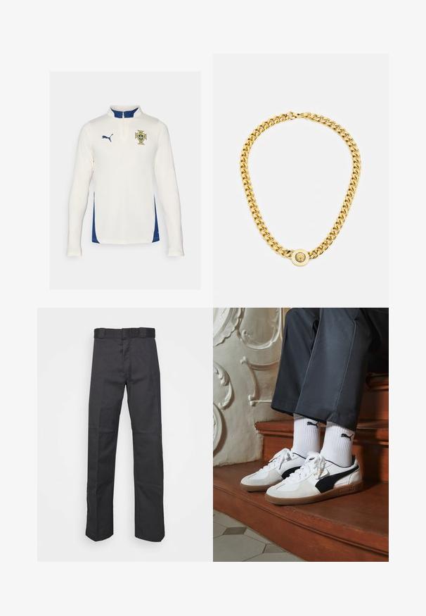 Kreminė Puma ilgas rankoves džersis su mėlynomis šoninėmis juostomis. Yra pusiau užtrauktuko apykaklė ir siuvinėtas ženkliukas ant krūtinės. Textūruota medžiaga.; Juodos kelnės, pagamintos iš patvarios medžiagos, su tiesiais kaire, juosmeniu su diržo kilpomis ir siūlėmis, suteikiančiomis tekstūrą.; Puma sportbačiai baltoje ir juodoje zomšo spalvų derinys, su rudu guminio pado apdaila. Derinama su baltais kojiniais, kuriuose pavaizduota juoda logotipas, dėvimi su tamsiomis kelnėmis.; Auksinė grandinė su dideliais susijungusiais žiedais, centruje uždedamas apskritas pakabukas su iškilnia emblema.