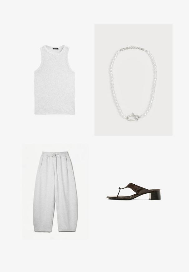 Lichtgrijze mouwloze tanktop van zacht katoen, met een ronde halslijn en een gladde textuur met minimale naden.; Lichtgrijze sweatpants met een ontspannen pasvorm, elastische tailleband, trekkoord en zijzakken; gemaakt van zachte, gestructureerde stof.; Bruine leren sandaaltjes met hak en een gladde afwerking, voorzien van een teenband en een blokhak, die een strakke en moderne uitstraling bieden.; Witte parelketting met verschillende vormen en maten, met een zilveren sluiting met toggle. Gladde textuur met een glanzende afwerking.