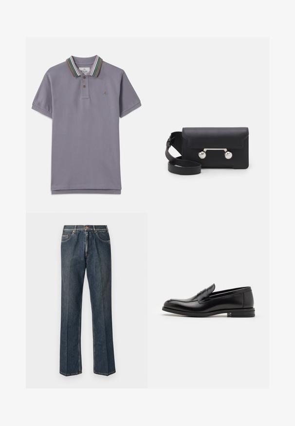 Fialová polo tričko s rebrovaným golierom, na ktorom sú zelené, hnedé a ružové pruhy; troj tlačidlová léga; vyšitá nášivka na hrudi.; Tmavomodré rovné džínsy s predným gombíkom, zipsom, dvojitými prednými vreckami a viditeľnými vertikálnymi pukmi pozdĺž nohavíc.; Čierne kožené mokasíny s hladkou textúrou, zaoblenou špičkou a dekoračným pásikom cez priehlavok. Nízky vrstvený opätok, minimalistický dizajn.; Čierna kožená crossbody taška s klopovým uzáverom, strieborné nity a dve okrúhle ozdoby. Obsahuje odnímateľný popruh. Hladký povrch.