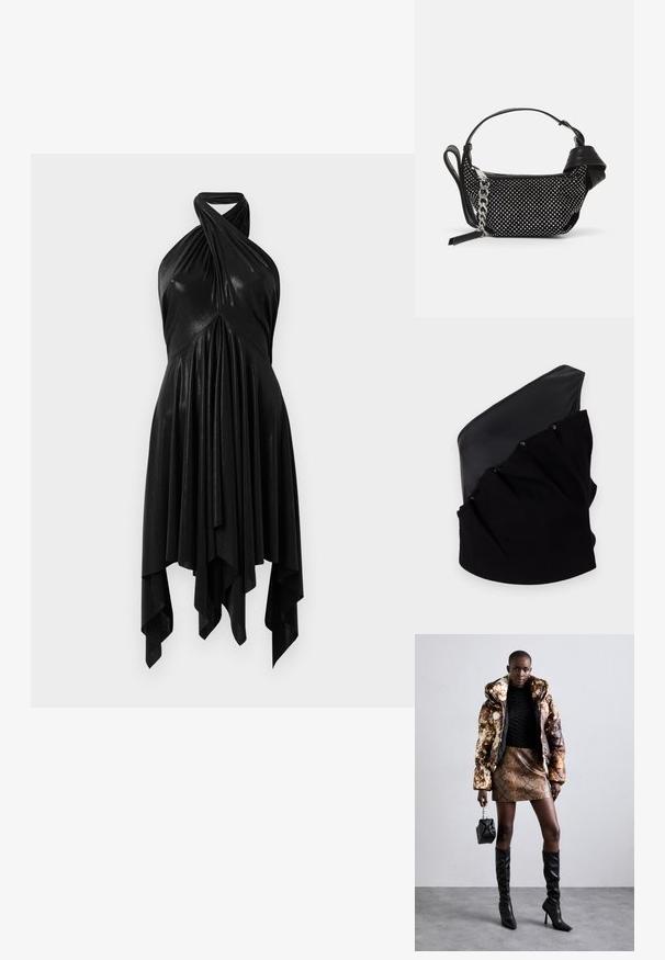Asymmetrisches schwarzes Oberteil mit einem glatten Lederpanel und strukturiertem Strickstoff, der mit Raffung und Druckknöpfen verziert ist.; Schwarzes Halsbandkleid mit einem drapierten Design. Hergestellt aus glänzendem Material, mit einem verdrehten Ausschnitt und asymmetrischem Saum. Glatte Textur.; Puffermantel mit einem braunen und schwarzen Muster, kombiniert mit einem mini Rock in Schlangenoptik in Braun, schwarzen kniehohen Stiefeln und einer kleinen schwarzen Tasche.; Schwarze Handtasche mit texturiertem Design, verziert mit silbernen Nieten und einem klobigen silbernen Kettenriemen. Besitzt eine elegante, minimalistische Form.