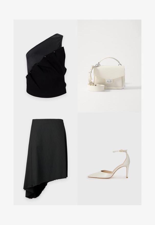 Asymmetrisches schwarzes Oberteil mit einem glatten Lederpanel und strukturiertem Strickstoff, der mit Raffung und Druckknöpfen verziert ist.; Schwarzer, gestreifter Rock mit asymmetrischem Saum, der rohen Kanten aufweist. Aus leichtem Stoff mit glatter Textur gefertigt.; Weiße Leder-Pumps mit spitz zulaufender Zehe, Knöchelriemen und schlanker Stiletto-Absatz. Glatte Oberfläche mit dezent glänzendem Finish.; The Kooples SAC - Handtasche - white