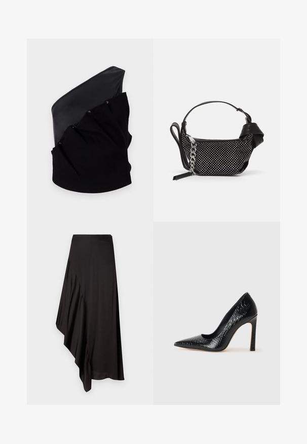 Asymmetriski must topp, som har en slät läderpanel och en texturerad stickad väv med rynkdetaljer och tryckknappar.; AERON ASTER SKIRT - Kynähame - black; Musta kapea nilkkakorkokenkä krokotiilin nahkakuviolla, joka on varustettu tyylikkäällä muotoilulla, korkealla stiletto-korkealla ja sileällä mustalla sisäosalla.; Musta käsilaukku, jossa on niittikoristeet, ketjuhihna ja sileä nahkakahva, pyöreä muoto ja vetoketjullinen osasto.