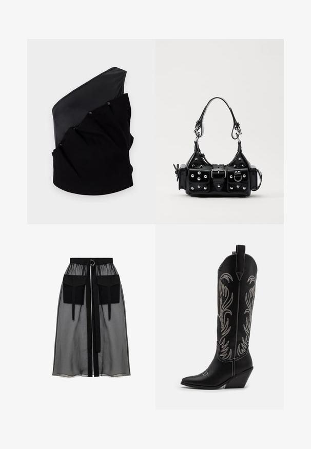Asymetrický černý top s hladkým kožešinovým panelem a texturovanou pletenou tkaninou s nařasením a patentkami.; Černá průhledná sukně s nařaseným pasem, která má dvě velké přední kapsy, páskový uzávěr a kulatý kovový akcent.; Černé kožené kovbojské boty s špičatými špičkami, podpatky ve tvaru klínu a stříbrně vyšívanými květinovými vzory po celé délce. Kontrastní prošívání po celém obvodu.; Černá kožená kabelka s křivkovým designem, zdobená stříbrnými hřebíky, s přezkou a dvěma bočními kapsami. Nastavitelný popruh pro různé možnosti nošení.