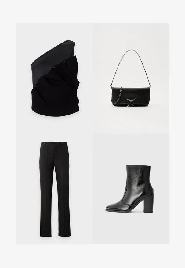 Haut asymétrique noir avec un panneau en cuir lisse et un tissu tricoté texturé, doté de détails froncés et de boutons-pression.; Pantalons tailleur noirs à jambe droite, deux poches avant, fermeture à bouton et détails de plis sur le devant. Texture de tissu lisse.; Bottine en cuir noir, avec une texture lisse, un bout pointu et un talon chunky haut. Présente une ouverture sur le côté et un design minimaliste.; Sac à main en cuir noir avec une bandoulière en chaîne argentée, présentant des accents décoratifs en forme d'ailes et des coutures blanches le long de la couture inférieure.