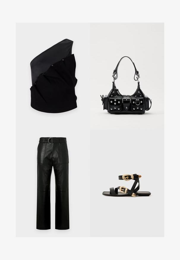 Asymmetric black top featuring a smooth leather panel and textured knitted fabric with gathered detail and snap buttons.; High-waist black leather pants with wide legs, large front patch pockets, and a matching belt with double-ring buckle.; Black leather sandals with gold buckle accents, featuring multiple straps and a flat sole design for open-toe wear.; Black leather handbag with a curved design, featuring silver studs, a buckle, and two side pockets. Adjustable strap for carrying options.