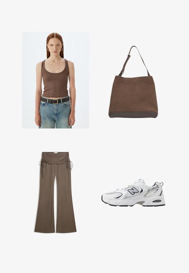 Bruine geribbelde tanktop met brede banden, gecombineerd met lichtblauwe hoge taille spijkerbroek en een donkere riem met een gouden gesp.; Bruine geribbelde gebreide wijde broek met geplooide tailleband met trekkoorddetail, liggend op een witte achtergrond.; Witte sport schoen met mesh bovenkant, marineblauwe accenten en een gehoorzaamde zool. Bevat het "N" logo, veters en een gestructureerde detail aan de zijkant.; Bruine suède handtas met een brede body, een enkele verstelbare schouderriem en een donkerbruine leren bodem. Minimale branding aan de onderkant.
