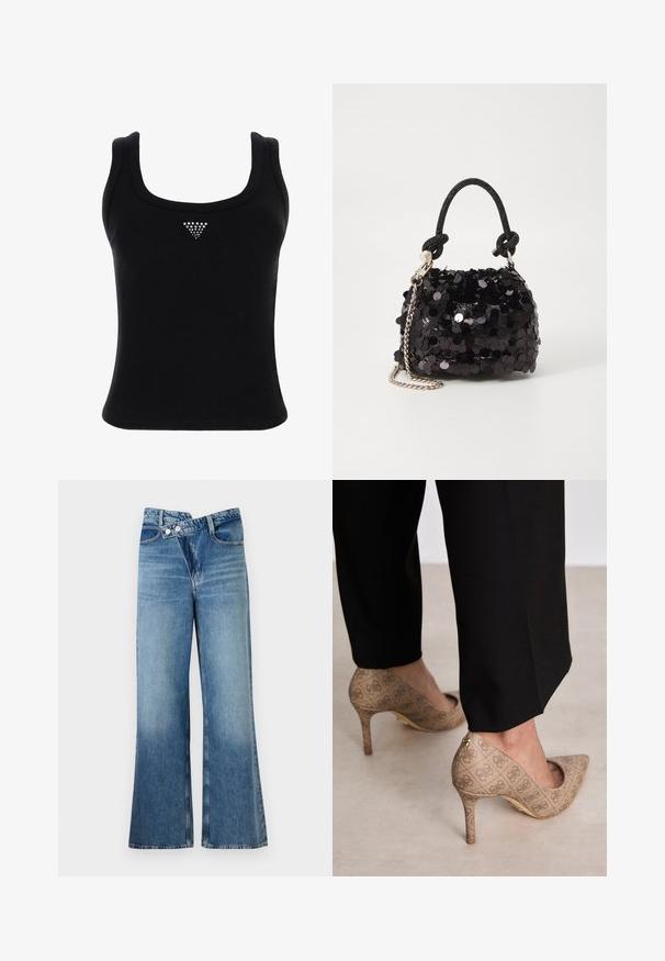 Svart ripet tank top med rund utringning og tynne stropper. Har en liten, trekantet rhinestone-dekorasjon i midten av fronten.; Lyseblå denim flared jeans med høy midje, med to knapper og frontlommer. Stoffet har en falmet tekstur med subtile variasjoner.; Beige høyhælte sko med teksturert stoff som har et gjentatt mønster. Spiss tådesign med bakdetalj og gullhelsjekk.; Svart paljettmini-veske med en knyttet teksturert stropp og sølvkjede. Rund form med samlet topp og reflekterende detaljer.