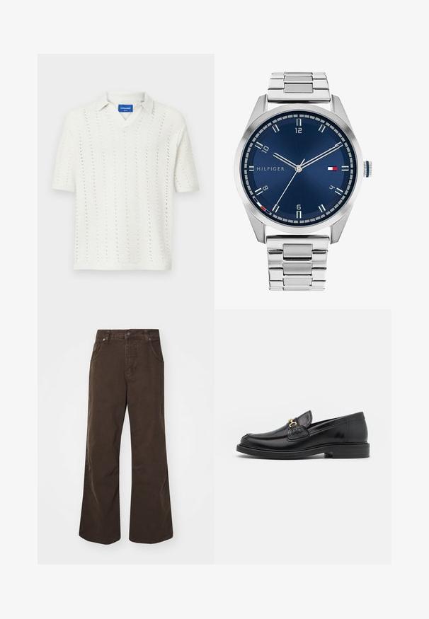 Balts adīts polo krekls ar īsām piedurknēm un V-veida kaklu, ar vertikāliem rakstiem un ribota apakšmalu. Uz kakla redzama birka.; Brūni plaša piegriezuma bikses, kas izgatavotas no kokvilnas, ar augstu jostasvietu, priekšējiem kabatām un gludu tekstūru. Apdare ietver smalkas šuvju detaļas.; Melnas ādas loafers ar noapaļotu degunu, ar zelta aparatūras akcentu un šuvju detaļām, uz zemas, teksturētas gumijas zoles.; Sudraba metāla pulkstenis ar apstrādātu zilu ciparnīcu, baltām stundu atzīmēm un datuma displeju. Iespējo saistīta metāla josla un zīmola logo.; Sudraba ķēdes kaklarota ar bieziem gredzeniem un centrālu apļa kulonu ar sarežģītu detaļu izstrādi. Gluda, atstarojoša metāla virsma.