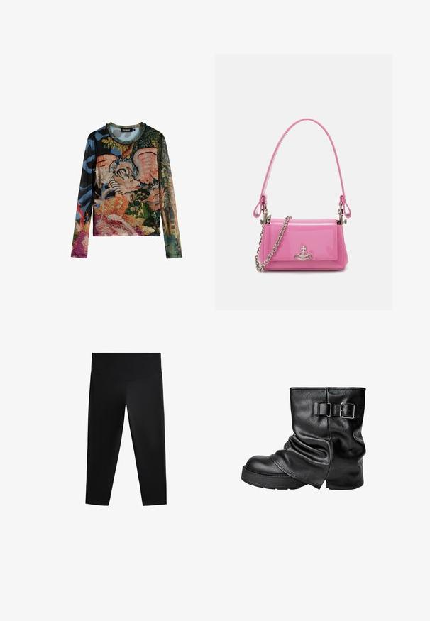 Langärmliges Oberteil mit einem lebhaften Mischmuster aus floralen und abstrakten Designs. Hergestellt aus strukturiertem Stoff mit rundem Ausschnitt.; Schwarze Sportleggings mit hohem Taillenbund, glattem Material und figurbetontem Schnitt, designed für Bewegungsfreiheit und Komfort.; Schwarze Leder-Stiefelette mit einem schlappen Design, quadratischer Zehenform und einem seitlichen Schnallenakzent. Dicke Sohle sorgt für zusätzlichen Halt und Stabilität.; Rosa lackierte Handtasche mit rechteckiger Form, abnehmbarer Kettenriemen und silbernen Hardware-Details auf der Vorderseite.