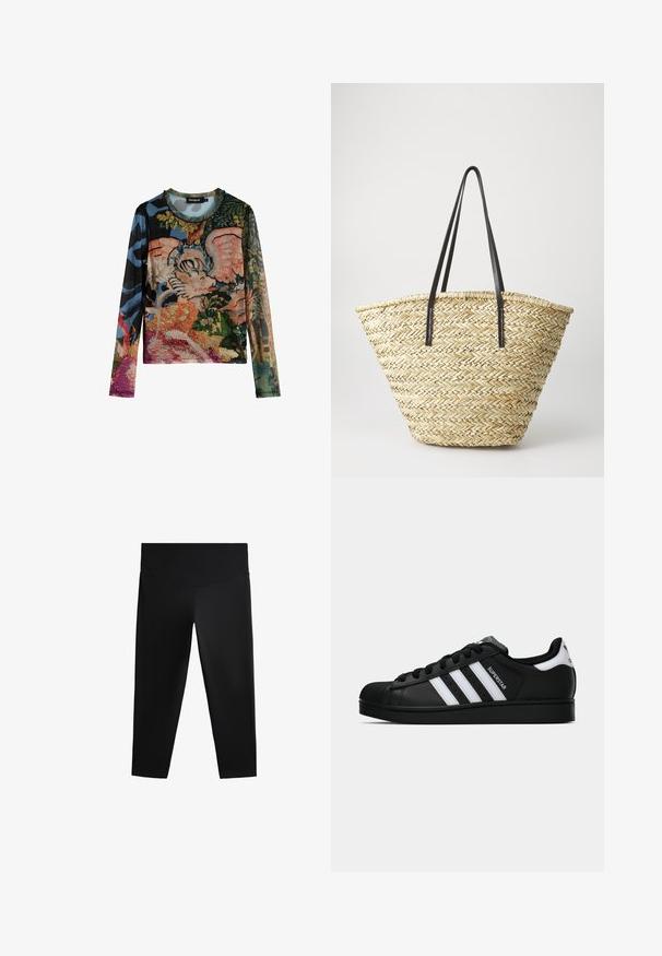 Langärmliges Oberteil mit einem lebhaften Mischmuster aus floralen und abstrakten Designs. Hergestellt aus strukturiertem Stoff mit rundem Ausschnitt.; Schwarze Sportleggings mit hohem Taillenbund, glattem Material und figurbetontem Schnitt, designed für Bewegungsfreiheit und Komfort.; Schwarzer Adidas Superstar Sneaker mit weißen Streifen, Schalenzehen und "Superstar"-Schriftzug an der Seite, im Seitenprofil auf weißem Hintergrund dargestellt.; Geflochtene Strohtasche in breiter, sich verjüngender Form mit zwei schwarzen Ledergriffen. Natürliche beige Farbe mit strukturierter Oberfläche.
