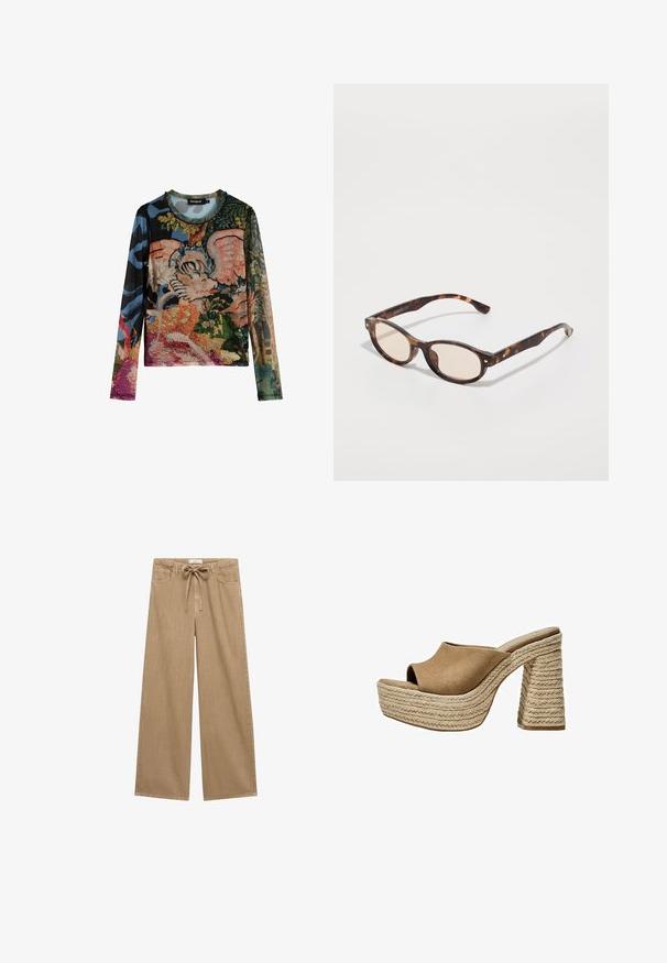 Långärmad topp med ett livligt blandat mönster av blommor och abstrakta designer. Tillverkad av texturerat tyg med rund halsringning.; Beige vida byxor med dragsko i midjan, utrustade med två framfickor och ett mjukt, strukturerat tyg.; Bruna mockaskinnsplattformar med öppen tå, med en kraftig flätad jute-klack och en slät, rundad ovandel.; Sköldpaddsmönstrade solglasögon med rund form och ljusa linser. Har robusta bågar med små gulddetaljer, tillverkade av plastmaterial.