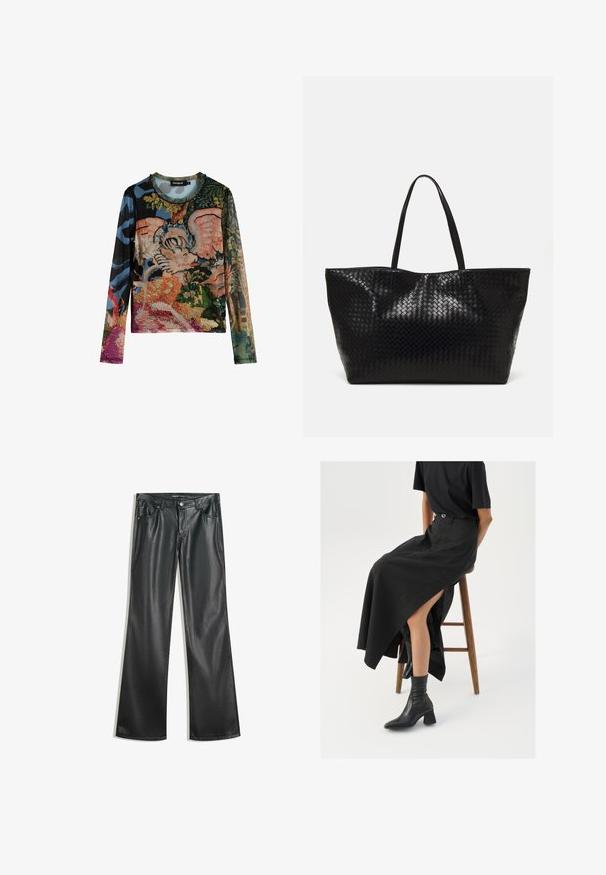 Long-sleeve top featuring a vibrant mixed pattern of floral and abstract designs. Made of textured fabric with a round neckline.; Black faux leather flared pants with a smooth texture, five-pocket design, front zipper, and contrasting stitching.; Black linen maxi skirt with a high slit, worn with a black t-shirt and black ankle boots. Minimalistic design with a relaxed fit.; Black woven tote bag with two sturdy handles, featuring a glossy texture and a spacious open top design.